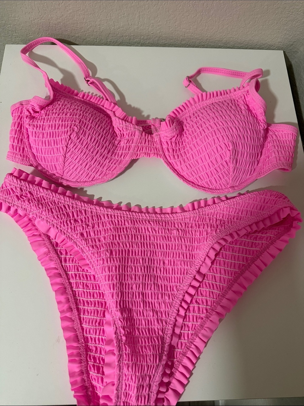 SHEIN Bright Pink Ruffled Smocked Bikini Set